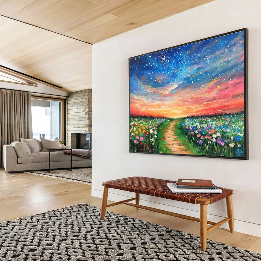 Colorful Floral Path Abstract Painting with Vibrant Sunset Hues DYP555