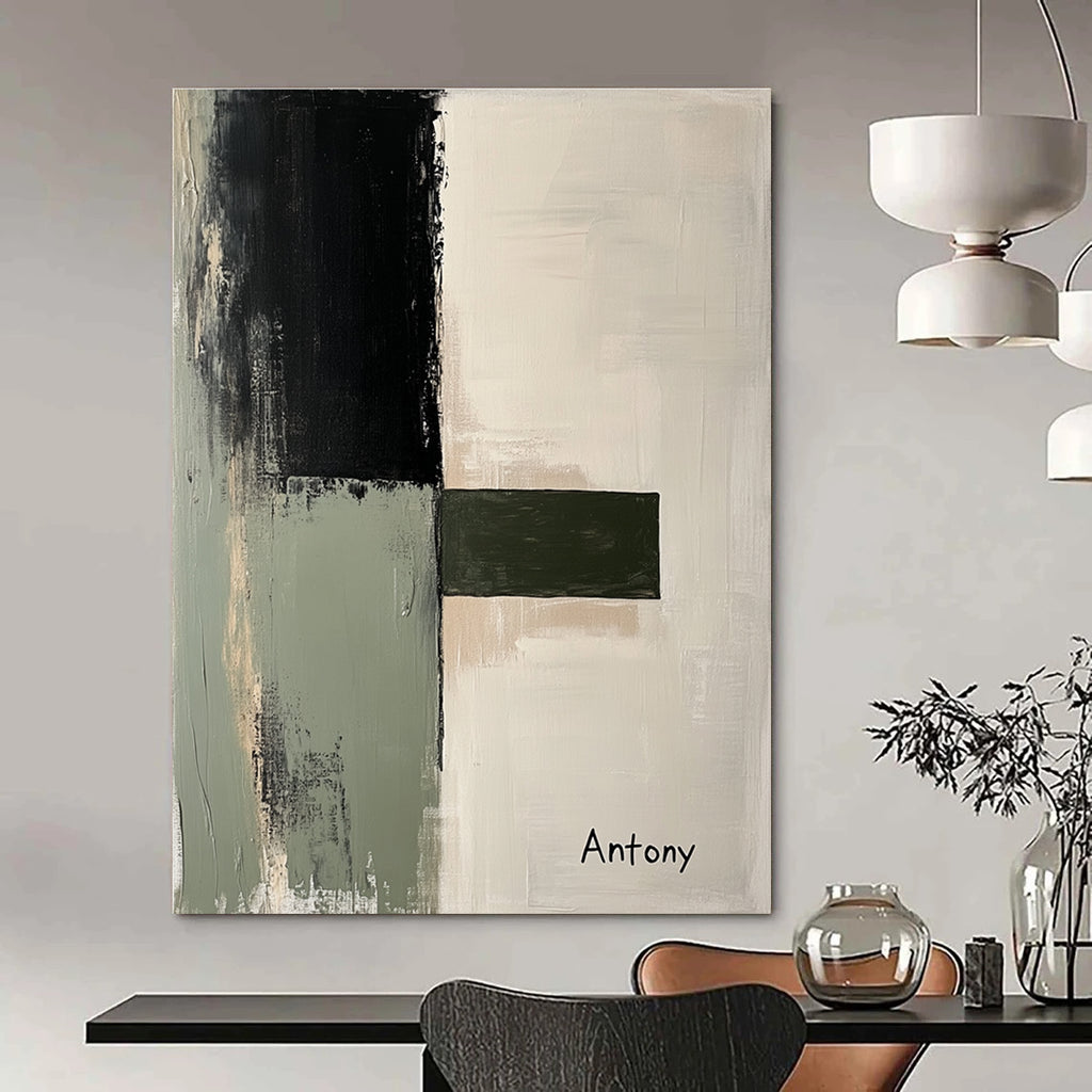 Large abstract painting featuring a light gray sage green and black palette with minimalist landscape shapes and the inscription Antony.STSC730