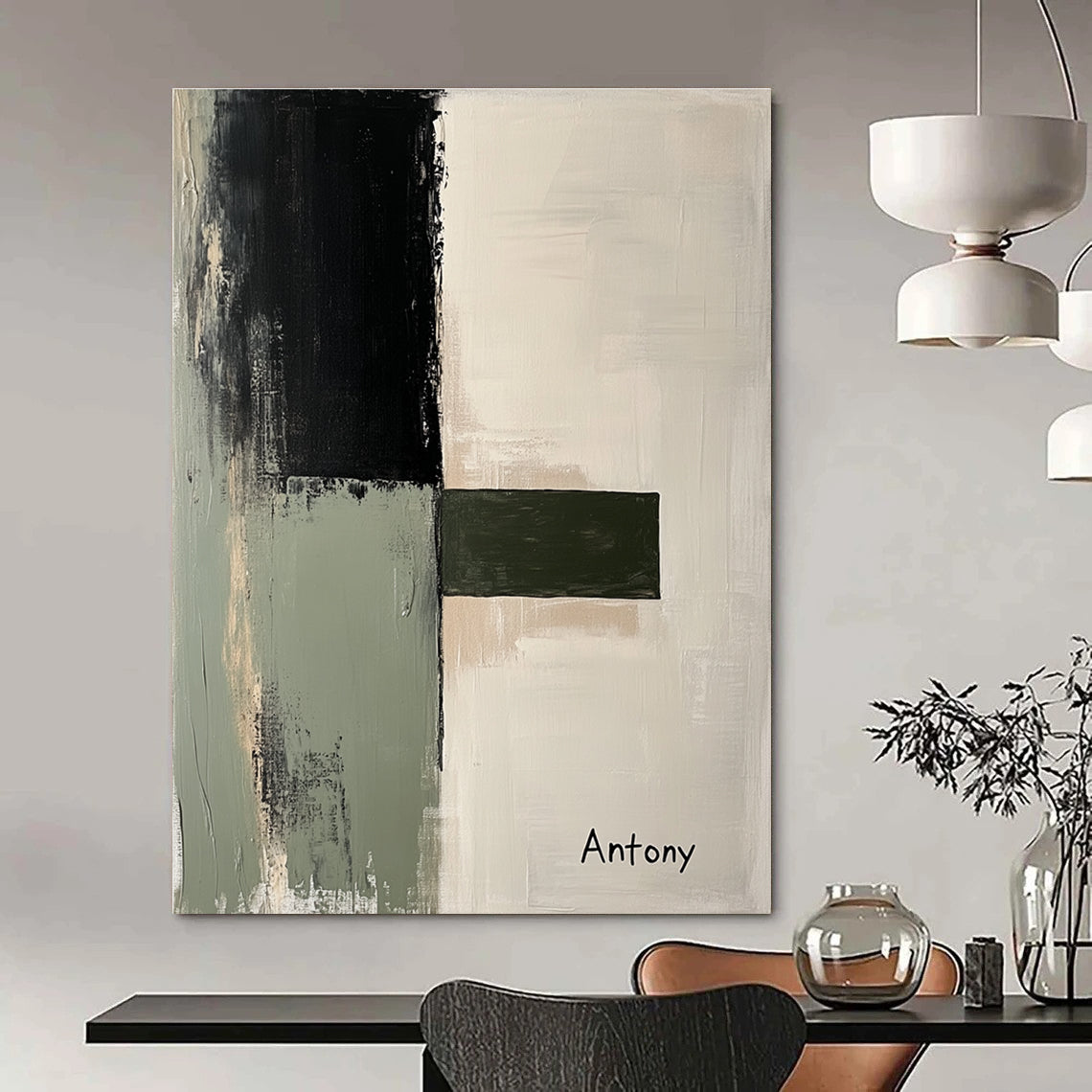 Large abstract painting featuring a light gray sage green and black palette with minimalist landscape shapes and the inscription Antony.STSC730