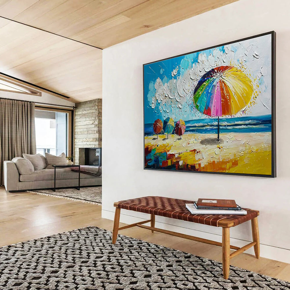 Beach Umbrella Scene Abstract Painting with Bright Coastal Colors THY310