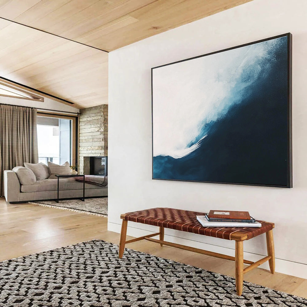 Abstract painting of an ocean wave featuring white and dark blue tones in a minimalist style, perfect for modern decor.SC162