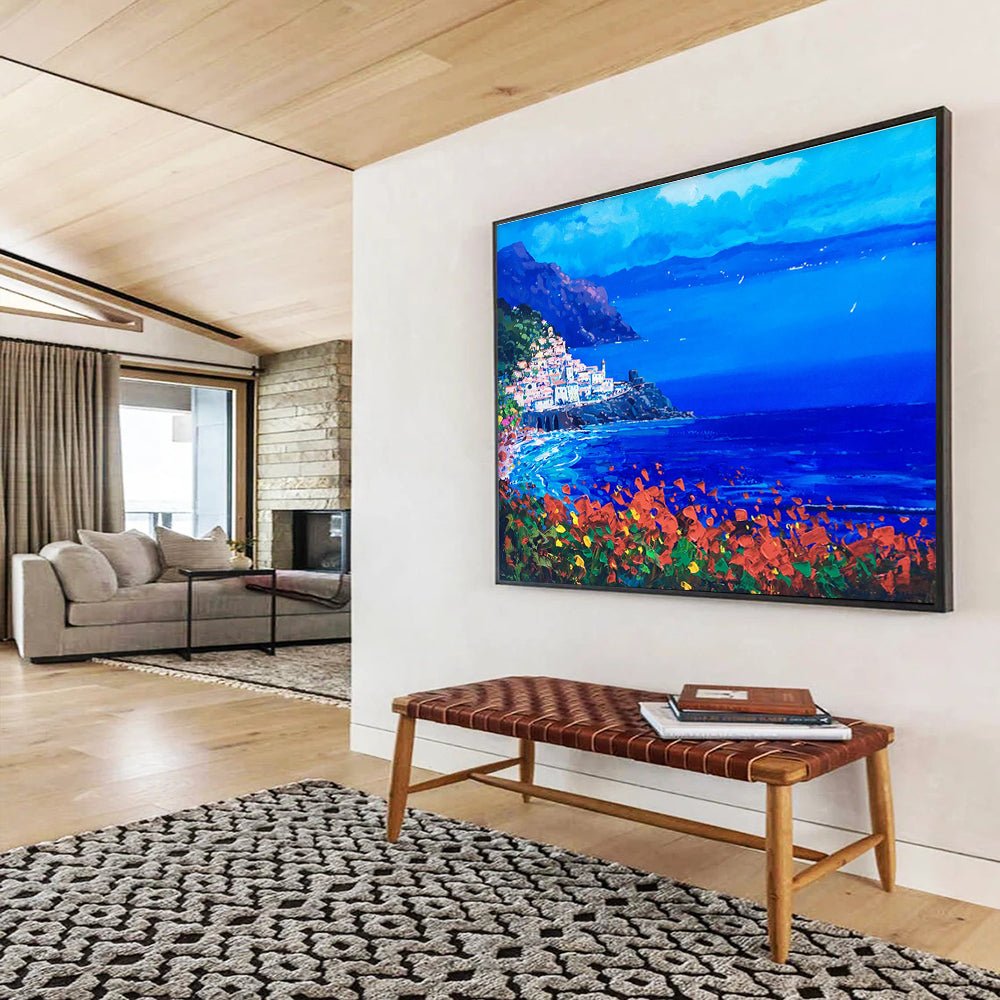 Cliffside Village at Night Abstract Painting THY434