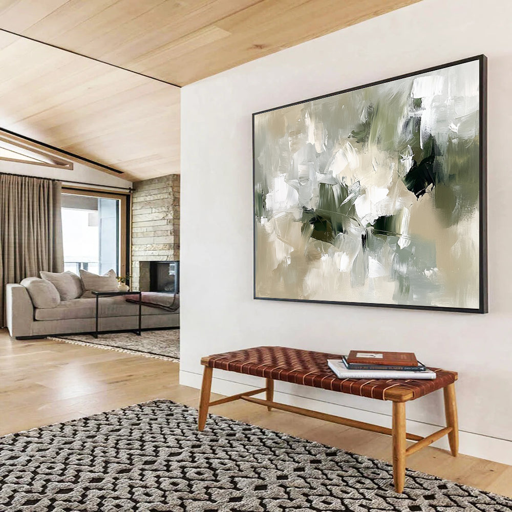 Large abstract painting in neutral colors with green and white thick brush strokes and organic shapes in an impressionistic style.SC351