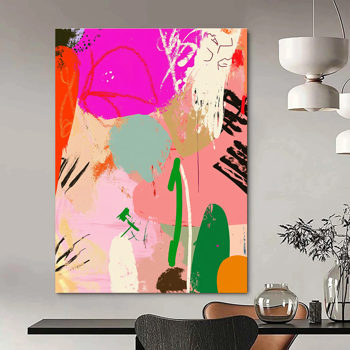 Large abstract painting featuring playful lines and whimsical patterns in pink, green, and orange creating a vibrant collage with organic forms.STSC485