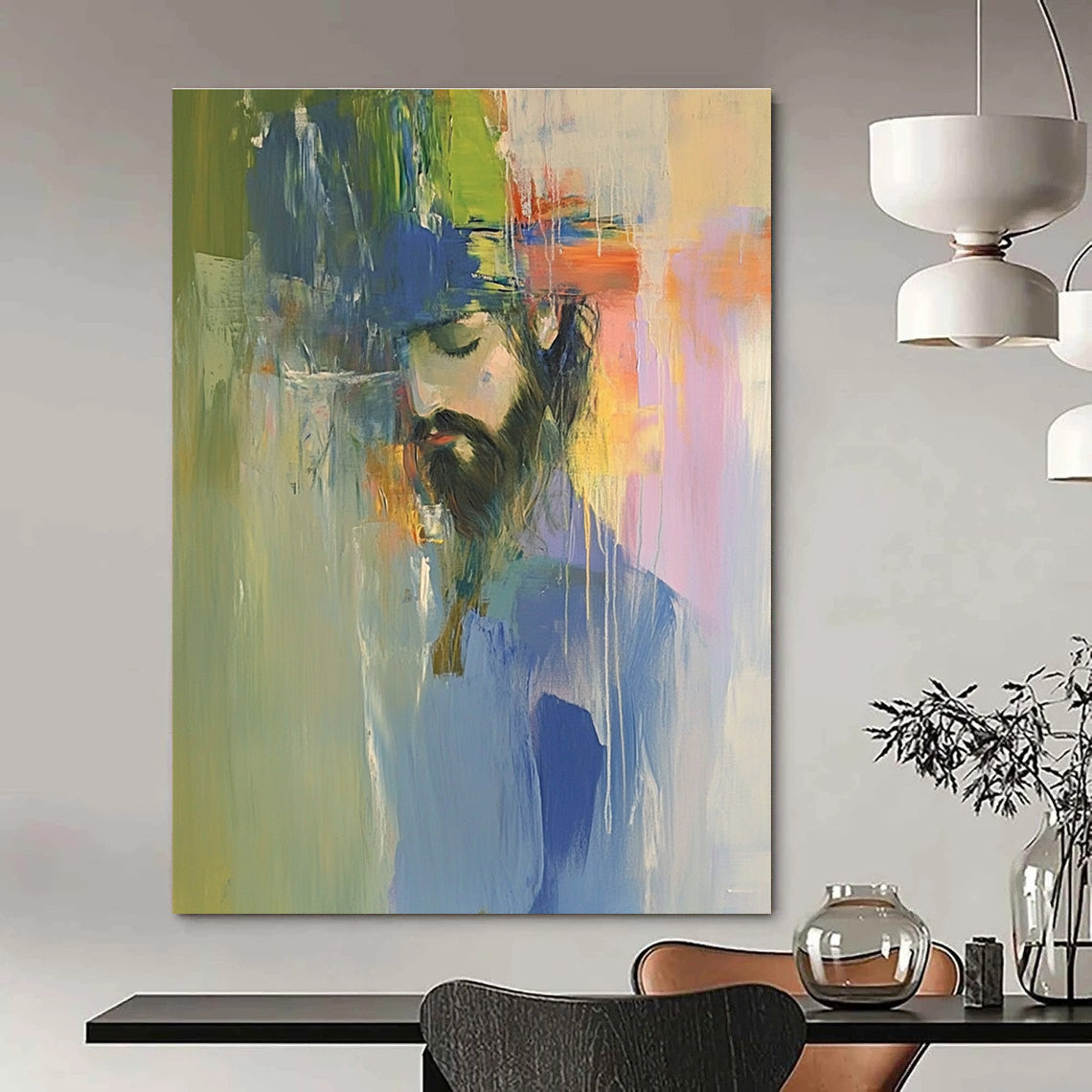 A large abstract oil painting of Jesus in vibrant colors, inspired by Richard Schmid and Peter Wileman, featuring a color field composition.STSC593