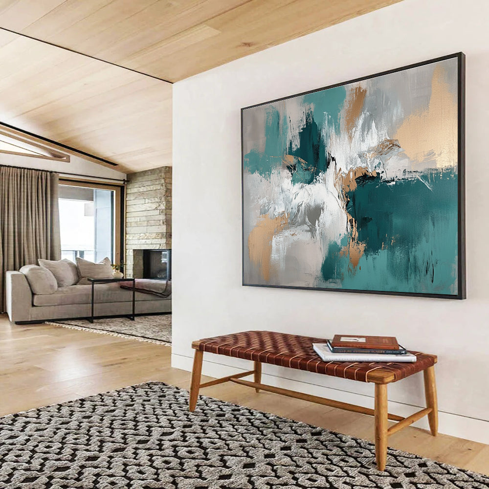 Large abstract painting with muted teal beige and brown tones depicting water and ice creating a profound depth on the canvas.SC243
