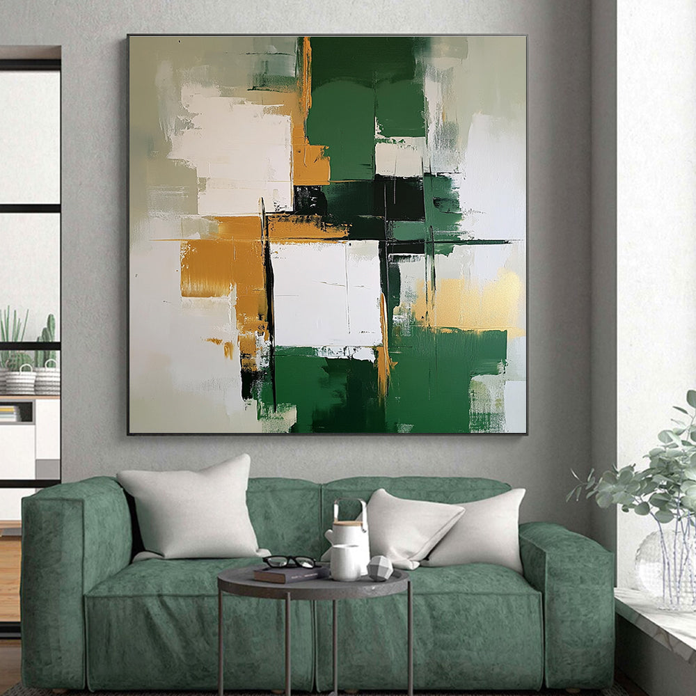 Green Gold and White Abstract Painting with Layered Blocks GER679