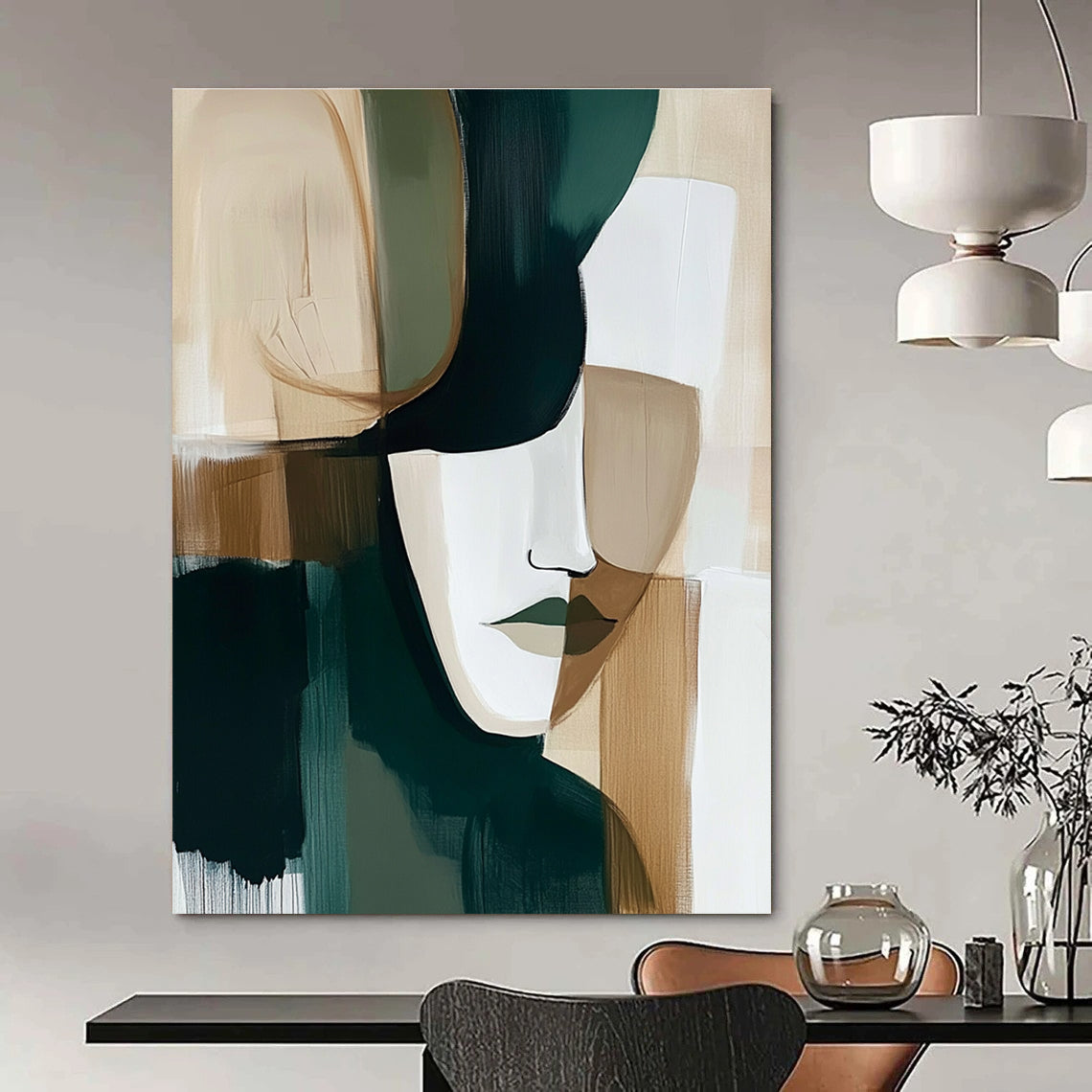 Abstract painting in dark green beige and white tones perfect for modern decor adding elegance and intrigue to any space.STSC749