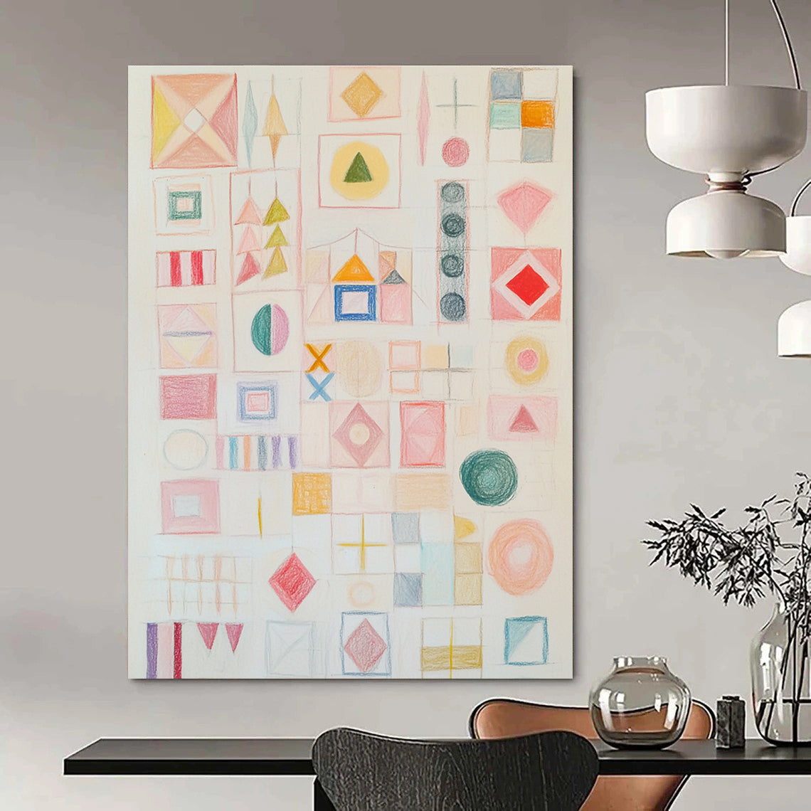 A large abstract artwork featuring soft pastel shapes and symbols in light pink with a calm atmosphere and inviting texture.STSC1206