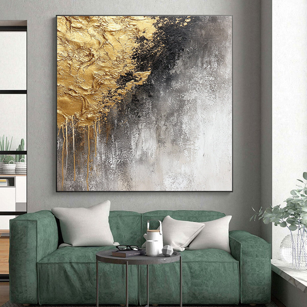 Gray Gold and Black Abstract Painting with Dripping Textures GER645