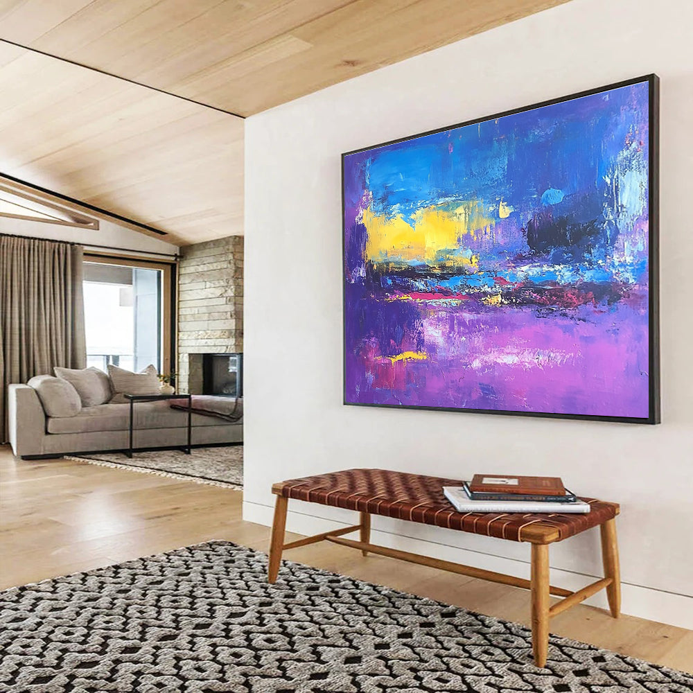 Large abstract painting depicting a violet and blue landscape inspired by Richard Diebenkorn's style.SC044