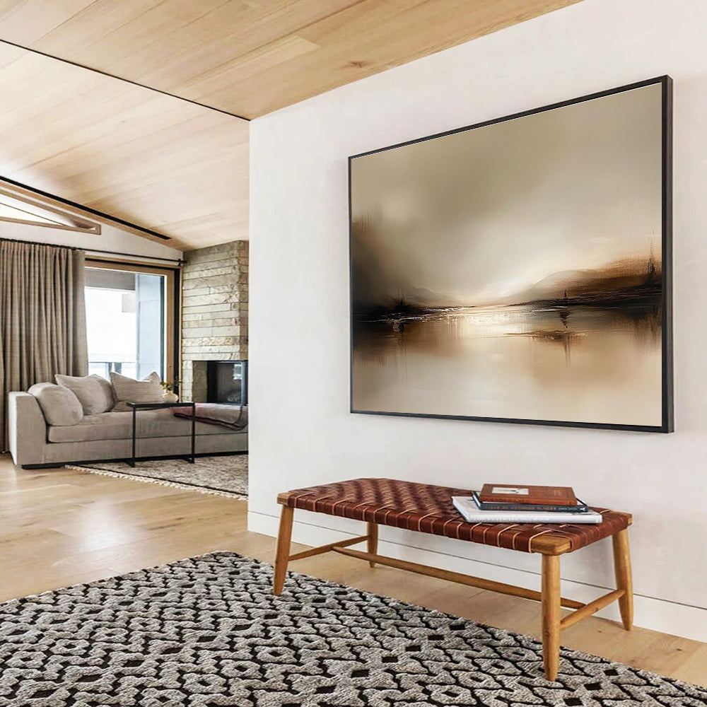 Abstract landscape painting in muted browns and beiges, featuring a tranquil water scene with soft reflections, creating a minimalist and serene atmosphere.SC071