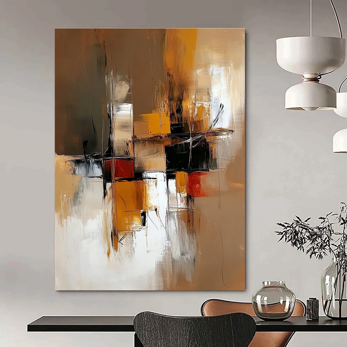 Abstract painting of an industrial space featuring warm brown and yellow tones with low contrast and clean brush strokes for a modern aesthetic.STSC648