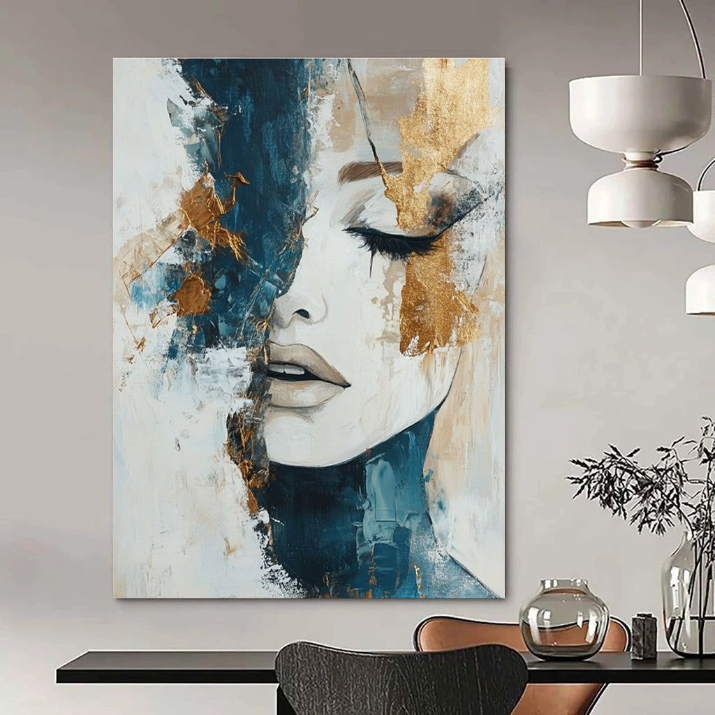 Large abstract painting in white beige and blue tones with gold accents representing the harmony of nature's elements on canvas.STSC361