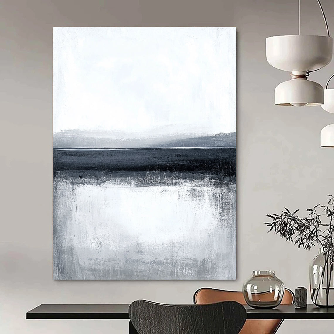Large abstract painting featuring a serene water landscape with a gray sky and subtle brush strokes creating a calm minimalist design.STSC124