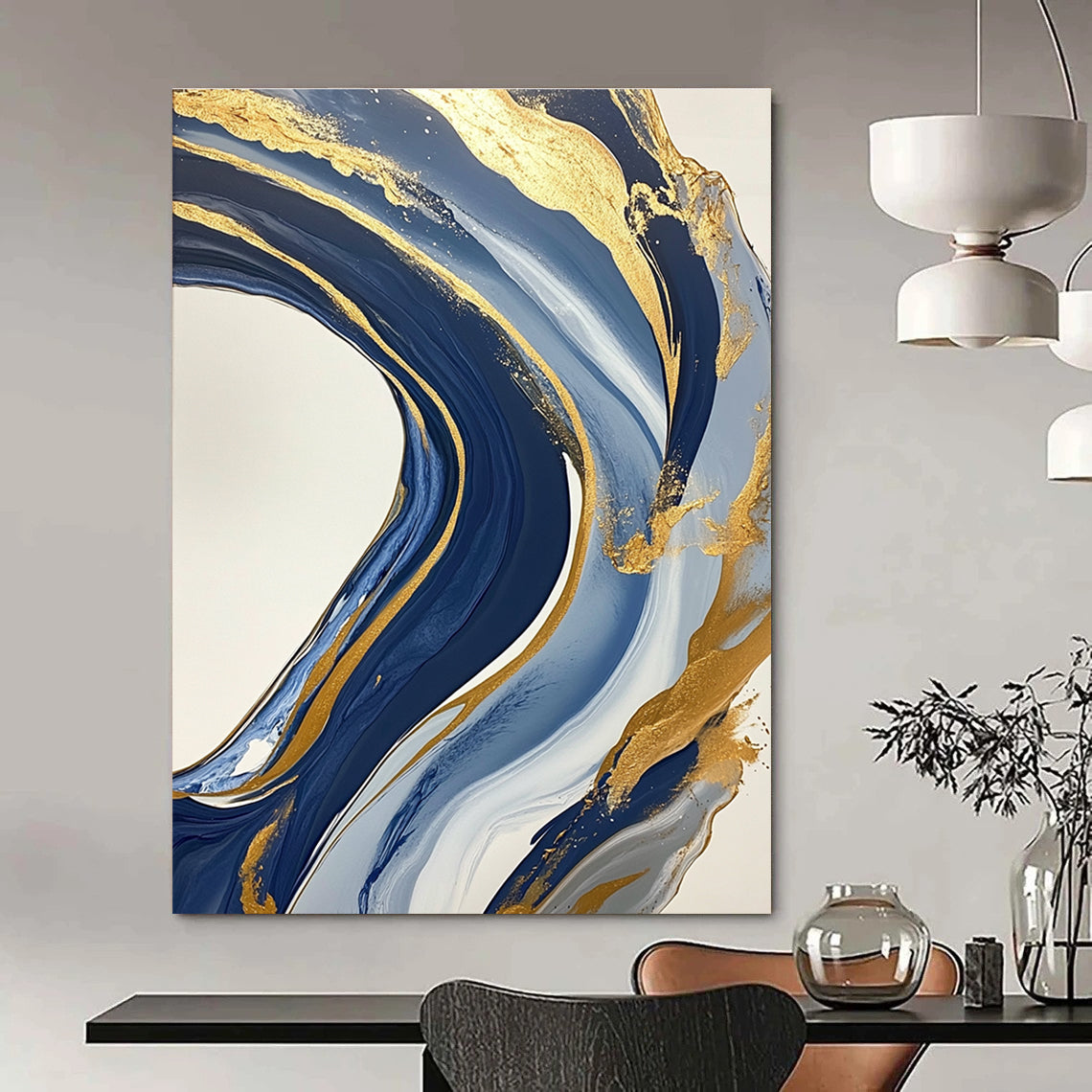Large abstract blue and gold painting featuring marbling on a white background with swirling gold lines and fluid shapes creating luxurious textures.STSC032
