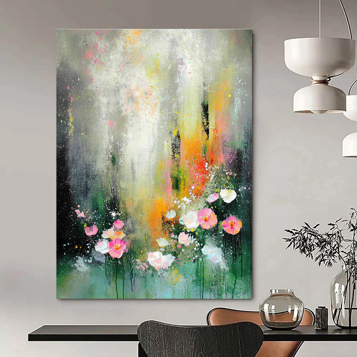 Abstract painting featuring a dreamy garden scene with soft lighting and muted colors in a vintage style.STSC1301
