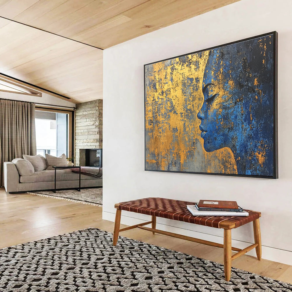 Large abstract painting of a golden city on textured canvas with a blue and gold palette featuring highlights of gold foil paint.SC171