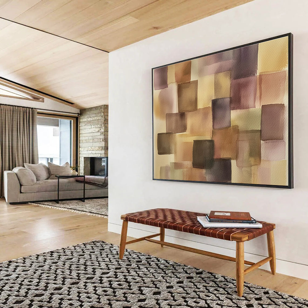 Purple and Brown Squares Watercolor Abstract Painting with Geometric Forms DYP616