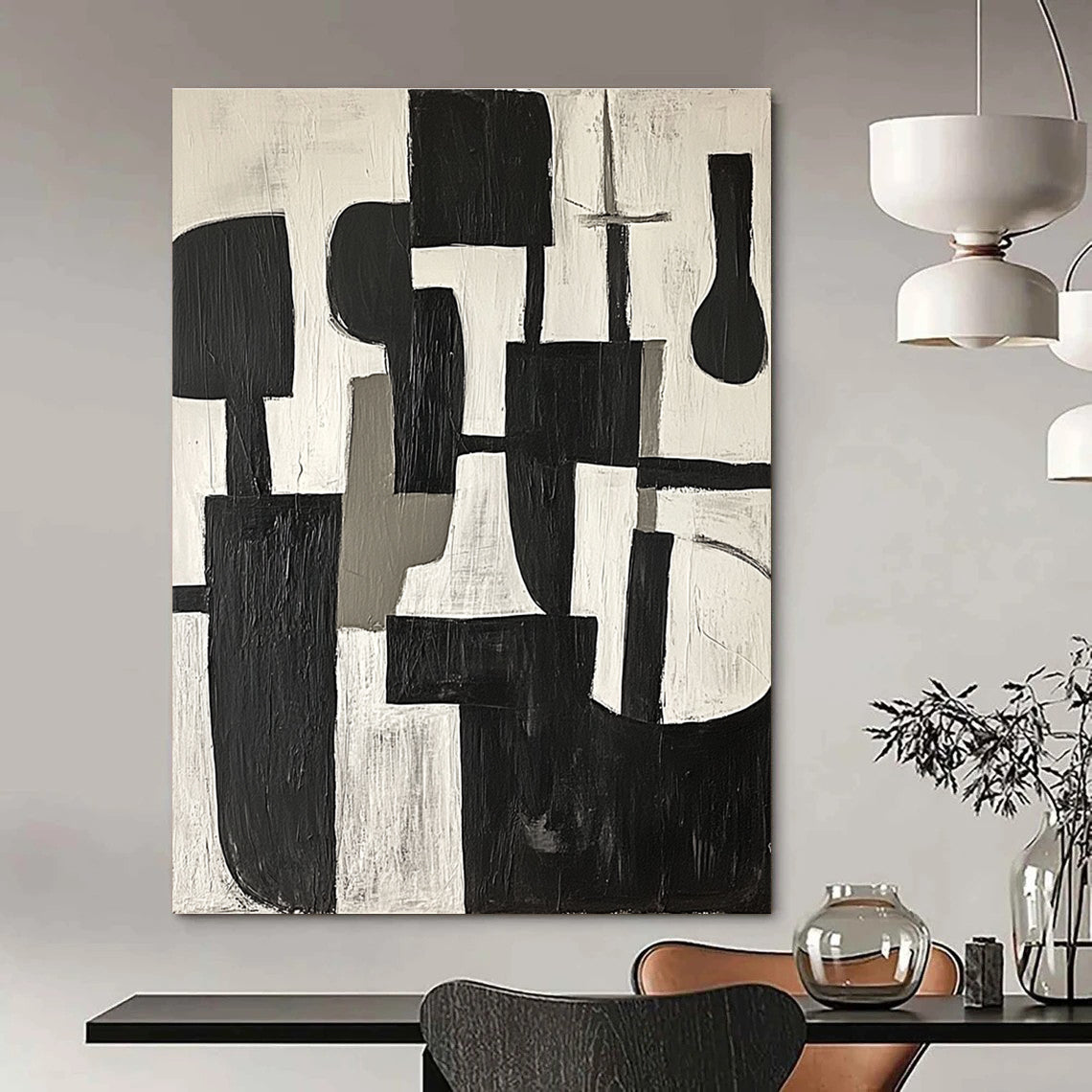 Large abstract painting in black and white shapes with gray tones on a white background embodying calmness and modernity inspired by Picasso's cubism.STSC675