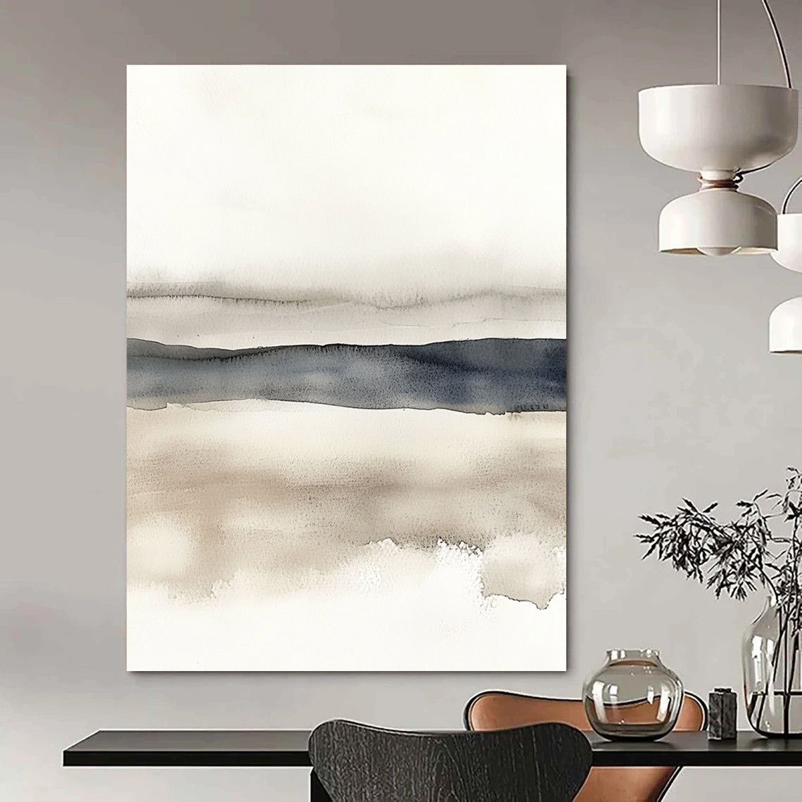 Large abstract watercolor in neutral tones featuring beige grey and navy blue on a white background with horizontal lines for a minimalist landscape.STSC496