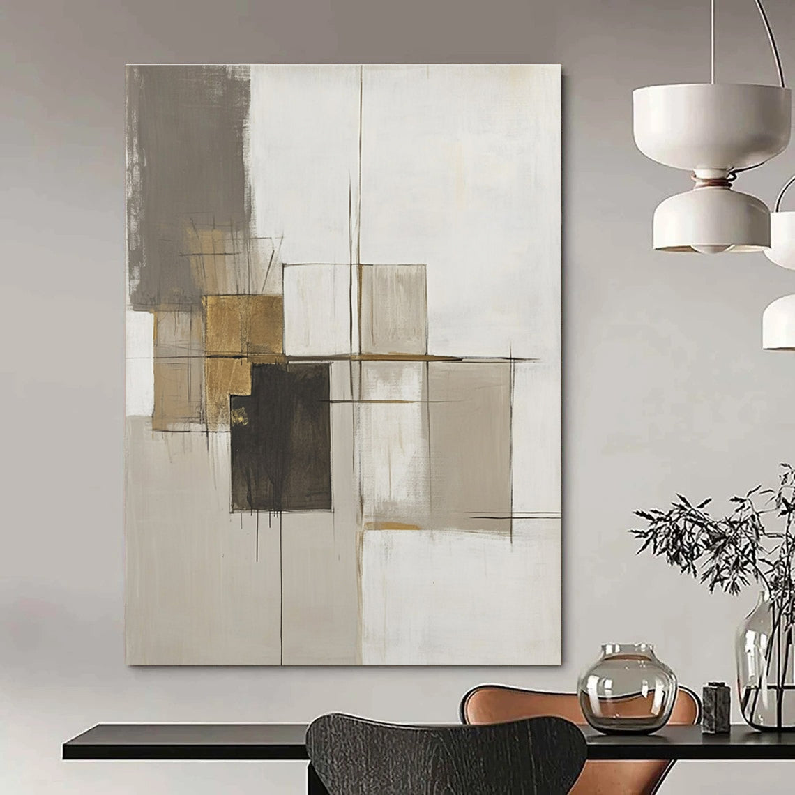 Large abstract painting featuring neutral tones, thick brush strokes, a central abstract structure, and gold accents on a minimalist canvas.STSC778