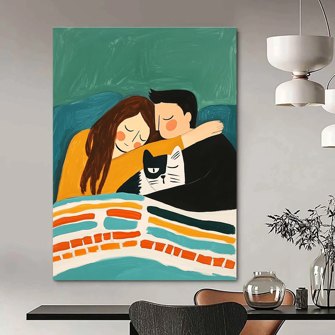An abstract painting depicting a couple cuddling on a sofa with their cat under a colorful striped blanket against an emerald green background.STSC974