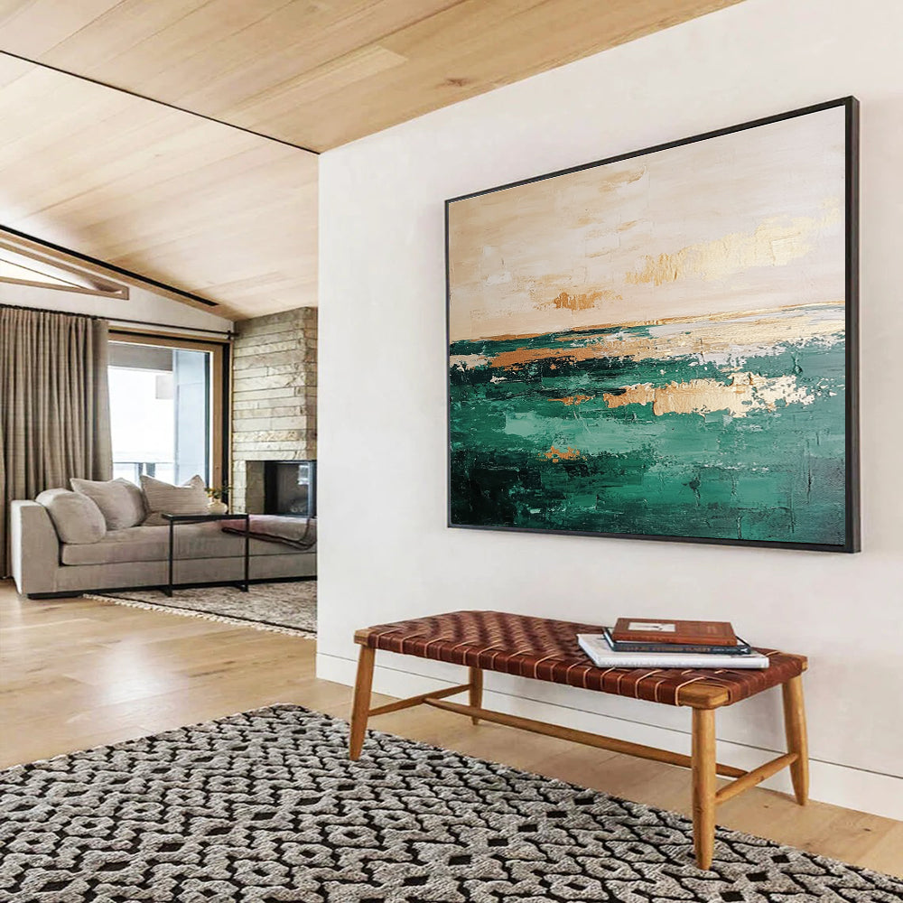 Large abstract oil painting of a serene green and beige sea with a clear horizon line perfect for modern decor.SC112