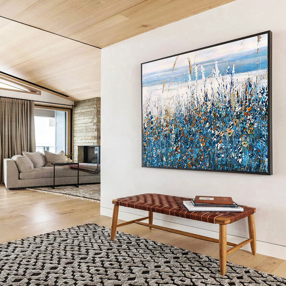 Seaside Wildflower Abstract Painting with Blue, White, and Orange Hues THY203