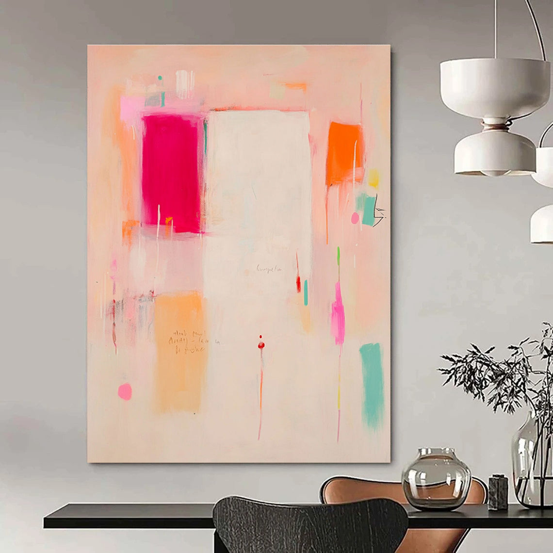 Large abstract painting in soft pink peach and orange tones featuring a white central area with red and yellow accents and expressive shapes.STSC809