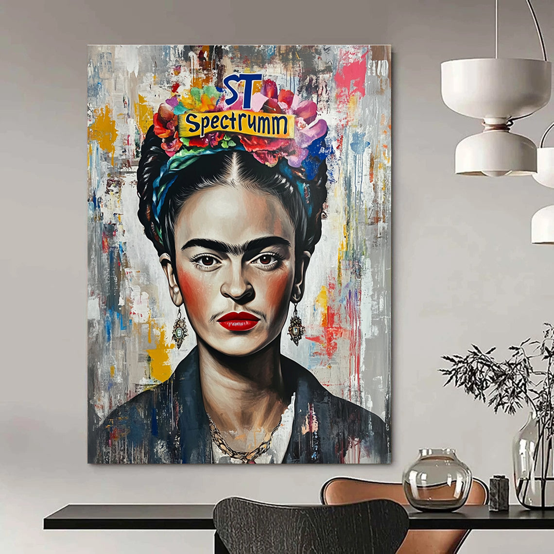 A large abstract painting featuring Frida Kahlo with graffiti-style elements bright colors and intricate details capturing vibrant pop culture inspirations.STSC1128