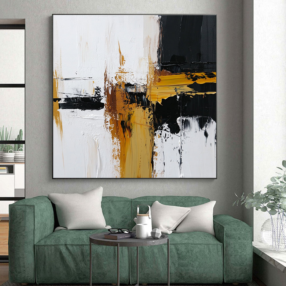 Black White and Gold Abstract Painting with Dynamic Strokes GER483