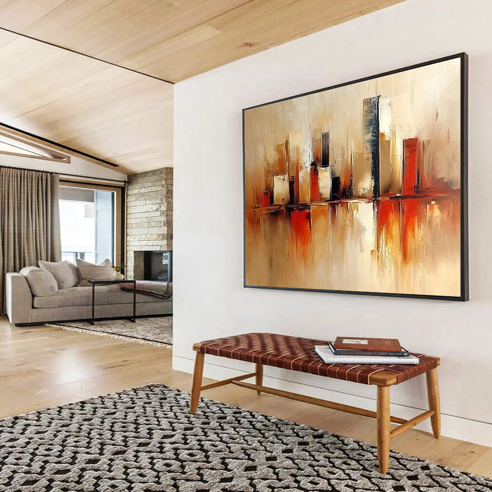Large abstract painting featuring a modern cityscape in warm beige and red tones with soft brush strokes and minimalist design.SC098