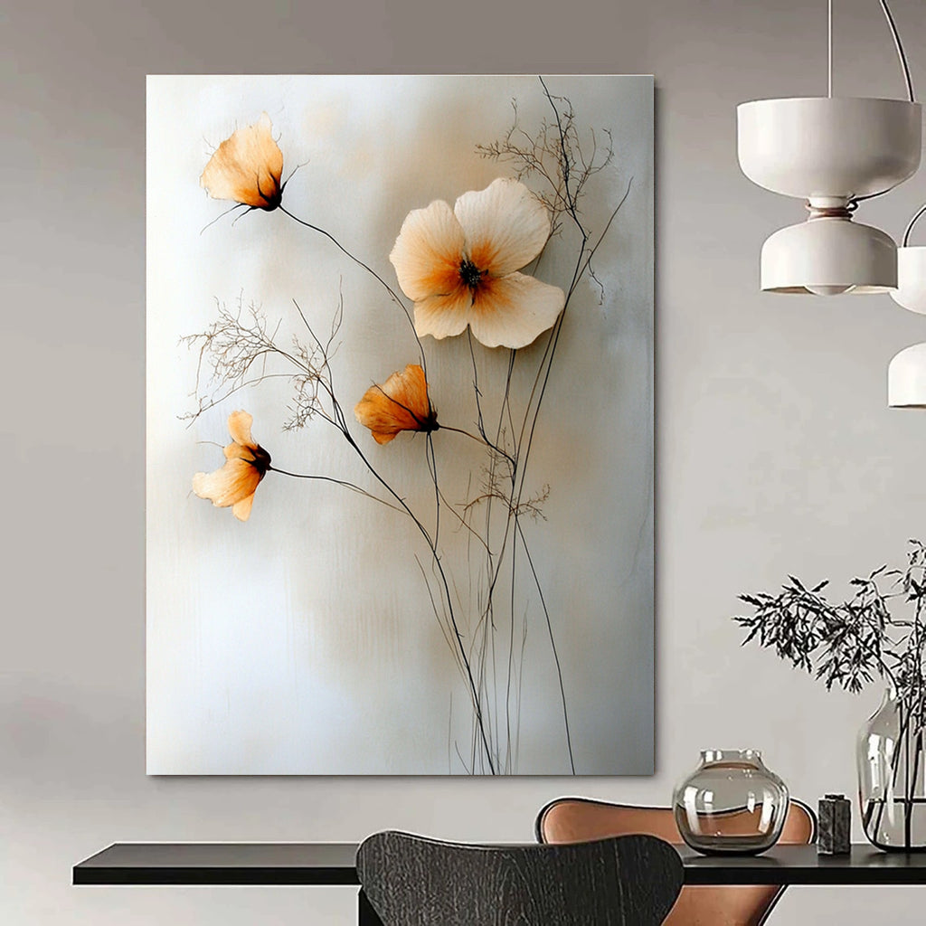 Large abstract painting featuring flowers, thin vines, and wildflowers in muted colors on a light background.STSC058