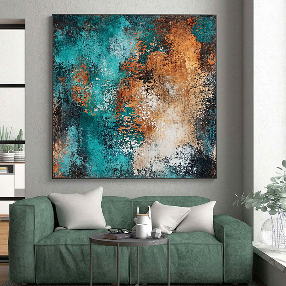 Teal and Orange Textured Abstract Painting with Dynamic Brushstrokes GER208