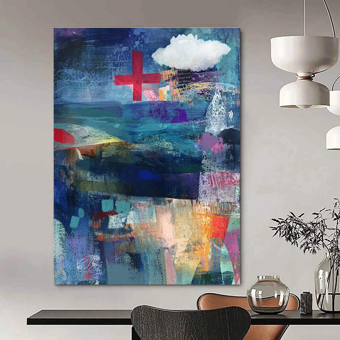 Abstract mixed media collage of the sea in blue and purple with a red cross and white cloud layered with fabric ribbons and watercolor splashes.STSC575