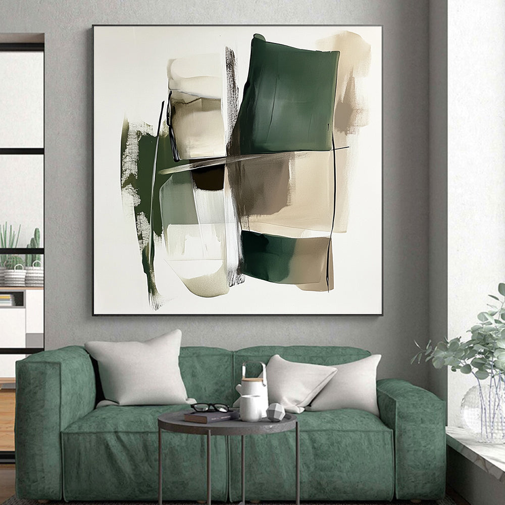 Green and Beige Abstract Painting with Geometric Shapes GER560