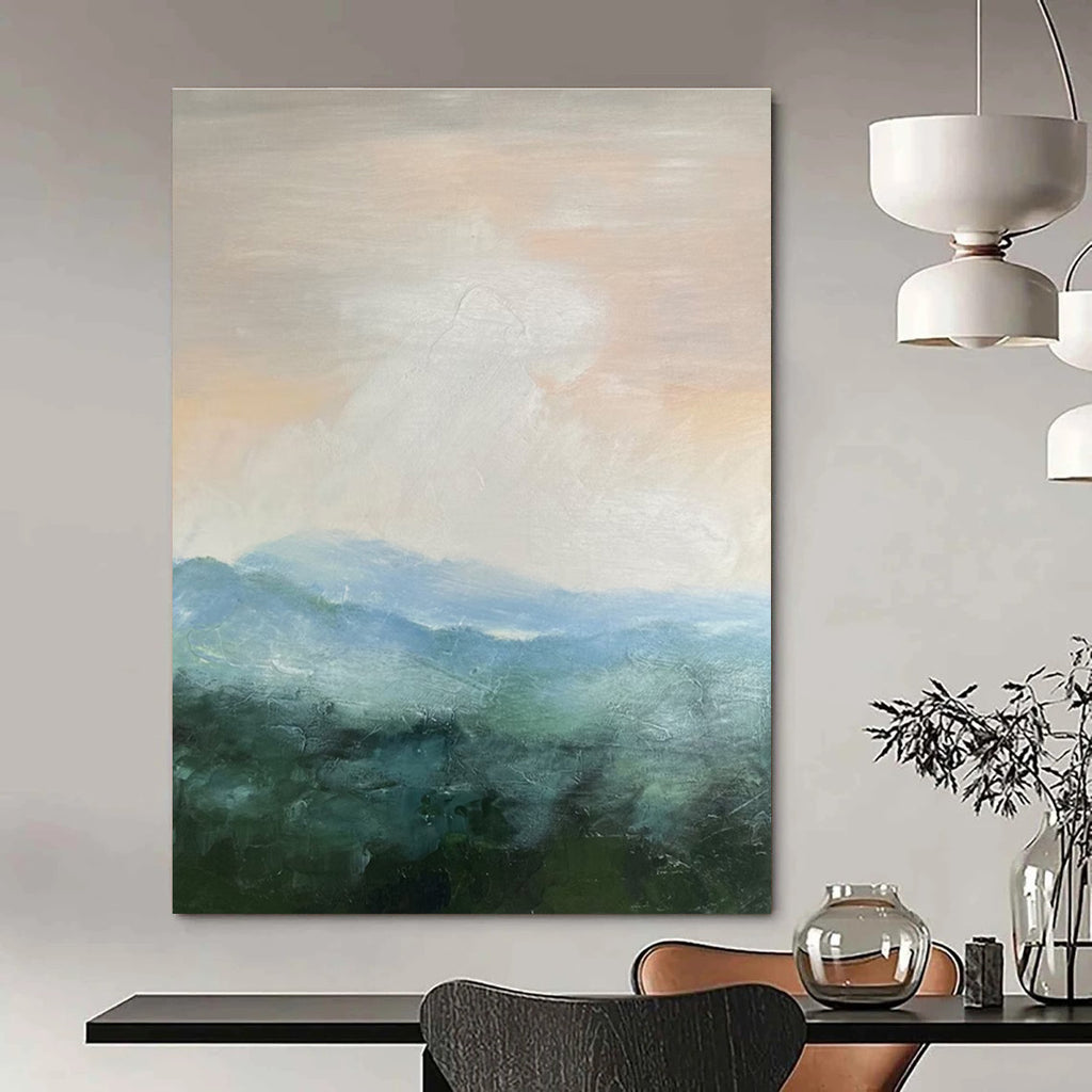 Soft Pink Blue Green Misty Mountain Abstract Painting ADGE010