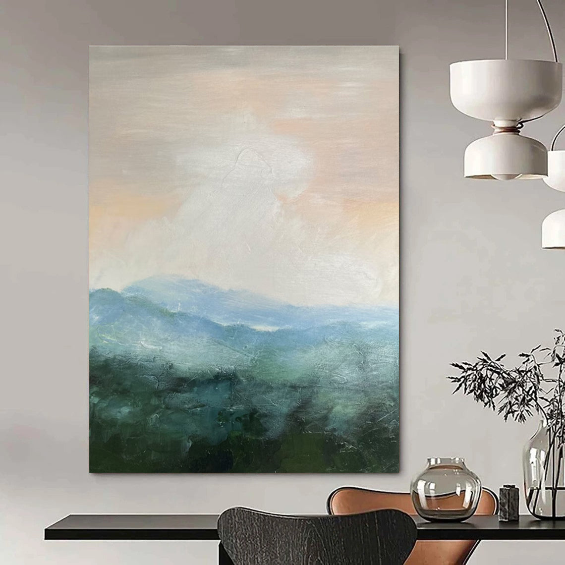 Soft Pink Blue Green Misty Mountain Abstract Painting ADGE010