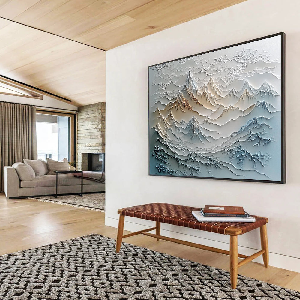 A large abstract painting featuring textured layers of mountains and rivers in vibrant colors, set against a misty, tranquil landscape.SC624