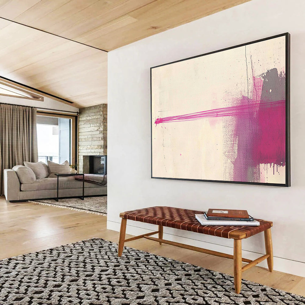 A large abstract painting featuring an elongated red line against a light beige background, creating elegance through simplicity and depth in minimalistic design.SC550