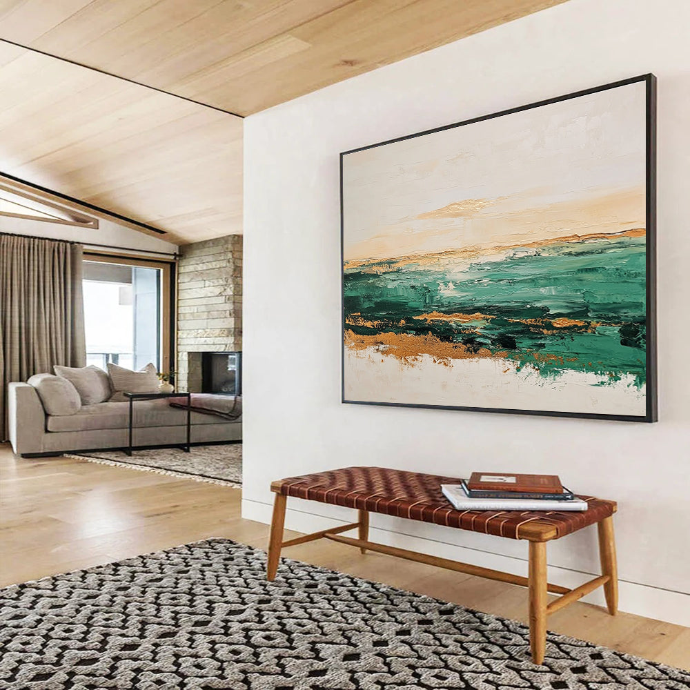 Green and Gold Coastal Abstract Painting with Textured Seascape DYP240