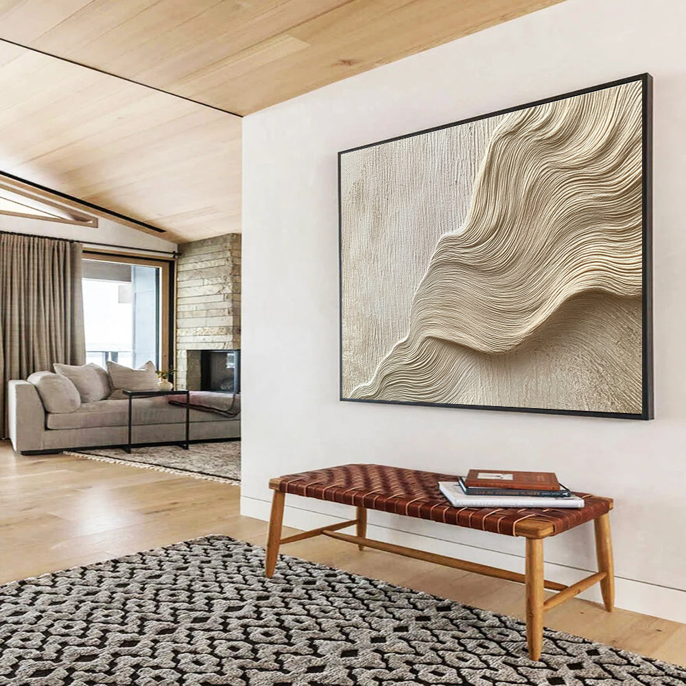 Large abstract painting featuring layered waves and curves in light beige tones resembling water ripples on sand dunes with fine brushwork.SC613