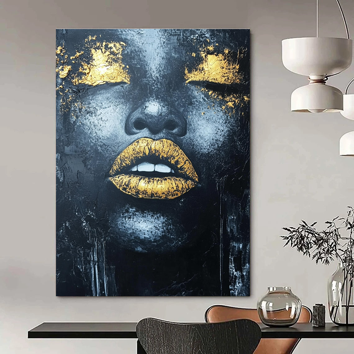 Large abstract acrylic painting of an African woman's lips with gold leaf highlights and textured black background.STSC1276