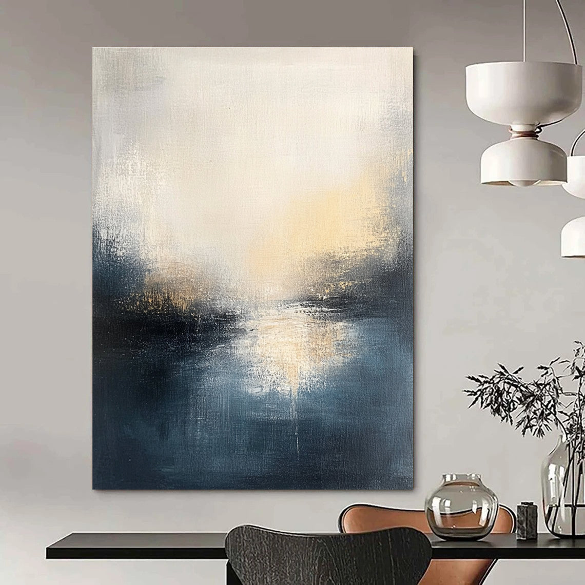 Large abstract oil painting featuring a misty gray and dark blue seascape with light yellow sun rays illuminating the horizon.STSC169