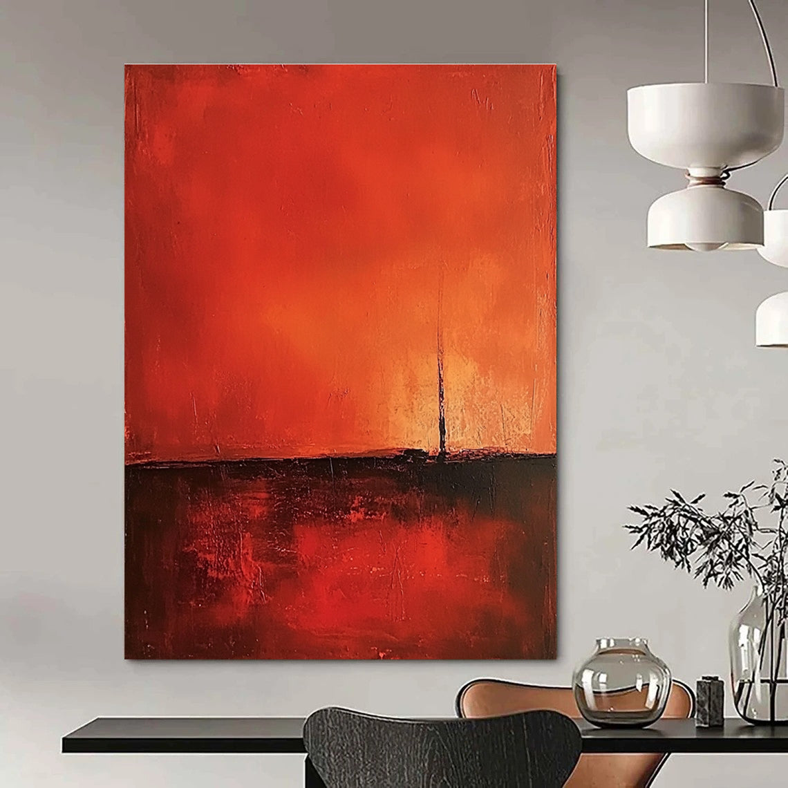 Abstract oil painting featuring a minimalist red background with warm tones and heavy brush strokes in a vintage style.STSC1377