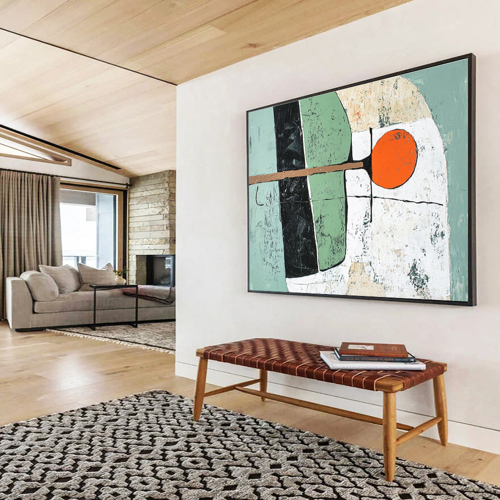 Geometric Shapes Abstract Painting with Green Black and Orange Tones DYP351