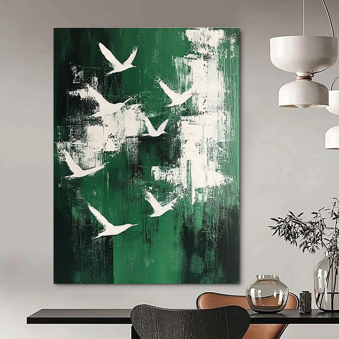 Large abstract painting featuring white birds soaring above an emerald green landscape in a minimalistic style.STSC363