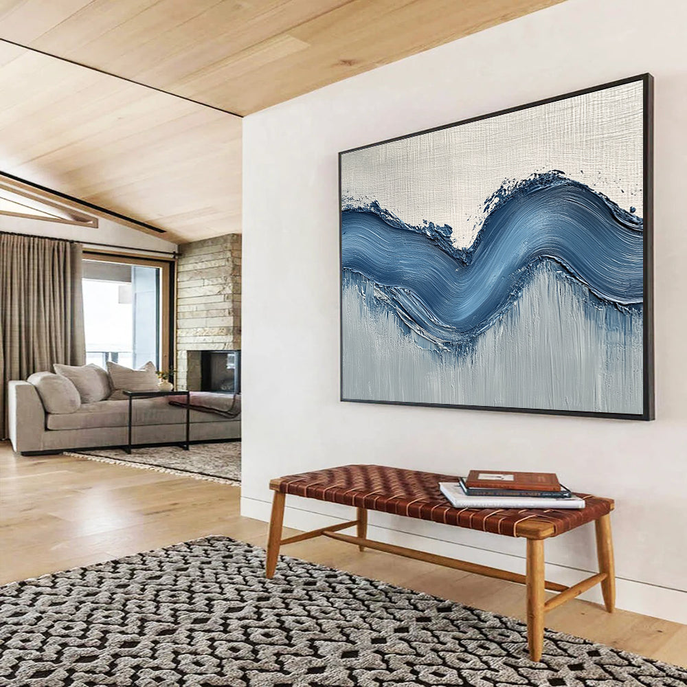Large abstract painting with gentle blue hills on light gray wall, showcasing depth and movement for a modern aesthetic.SC453