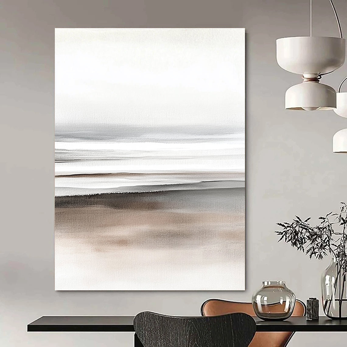 Large abstract watercolor painting depicting beach sand and ocean in soft gray tones and a minimalist design on a neutral beige and white background.STSC499